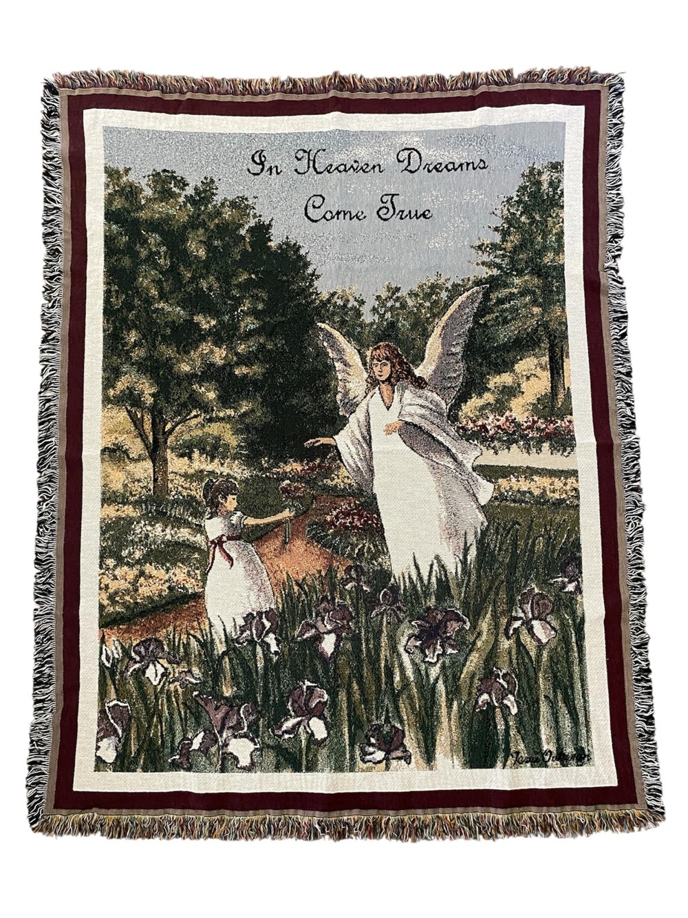Angelic Tapestry Throw Blanket “In Heaven Dreams Come True” Guardian Angel Woven